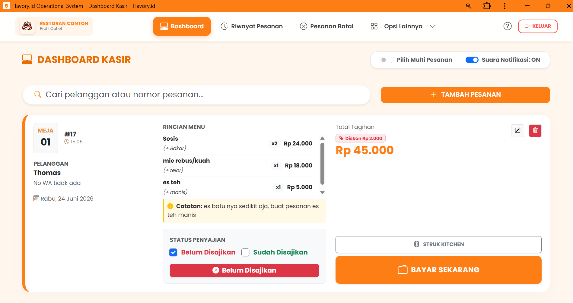 Tampilan Dashboard Manajemen Bisnis Restoran Flavory.id