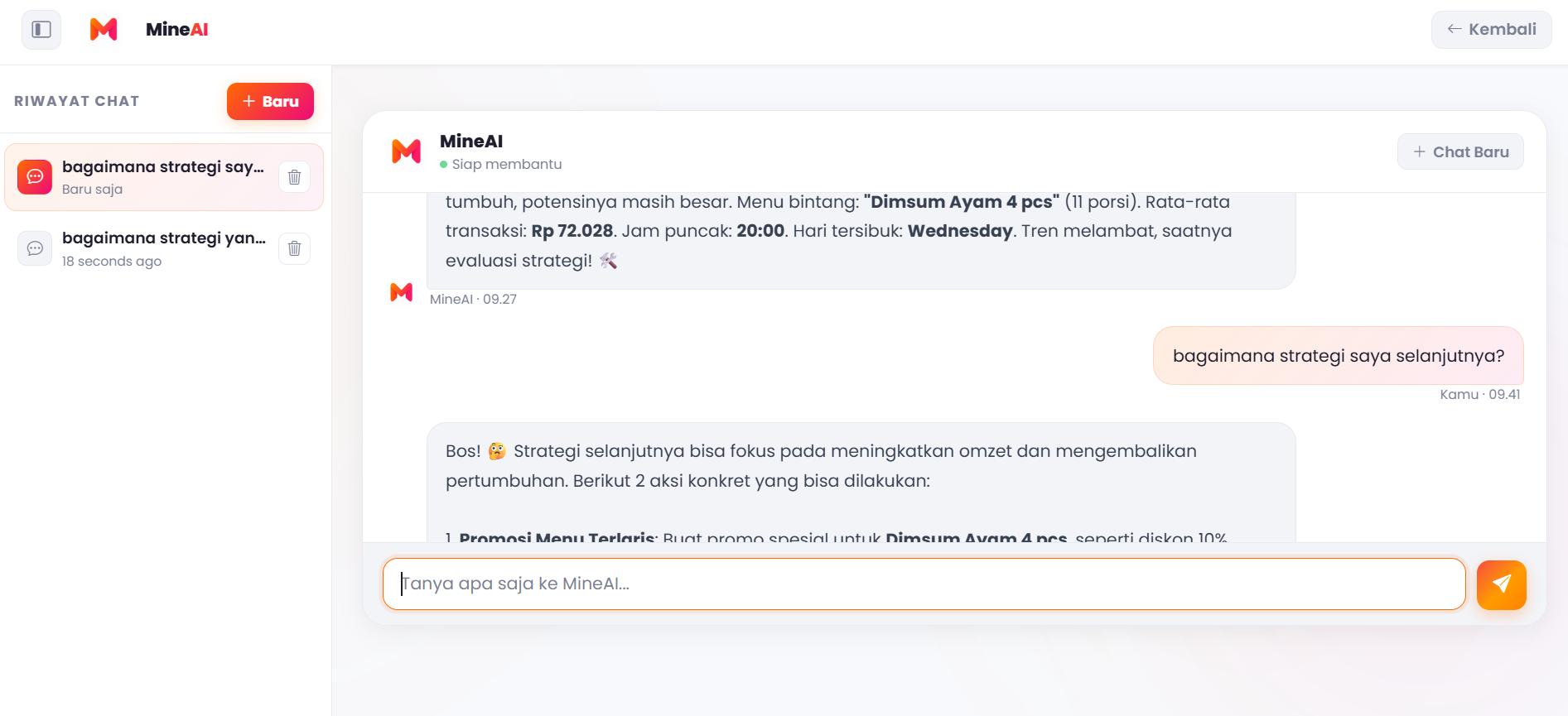 Tampilan MineAI, Konsultan Bisnis AI Flavory.id